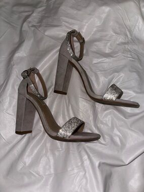 Steve Madden Taupe Suede Block Heel Sandals with Rhinestone Straps